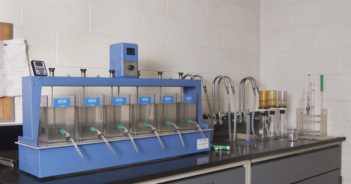 Jar testing equipment used to evaluate water quality in a treatment laboratory